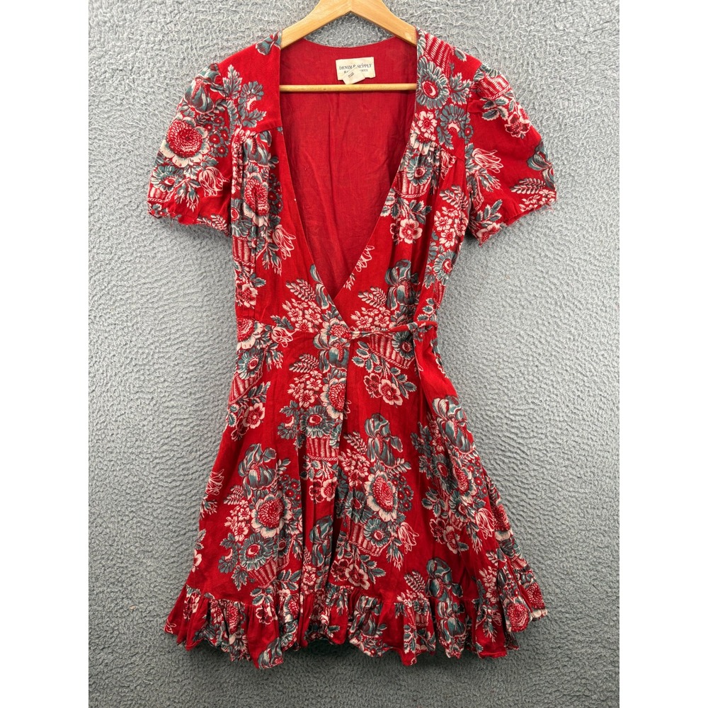 Denim Supply Ralph Lauren Wrap Dress Womens S Red Floral Ruffle Boho V-Neck
